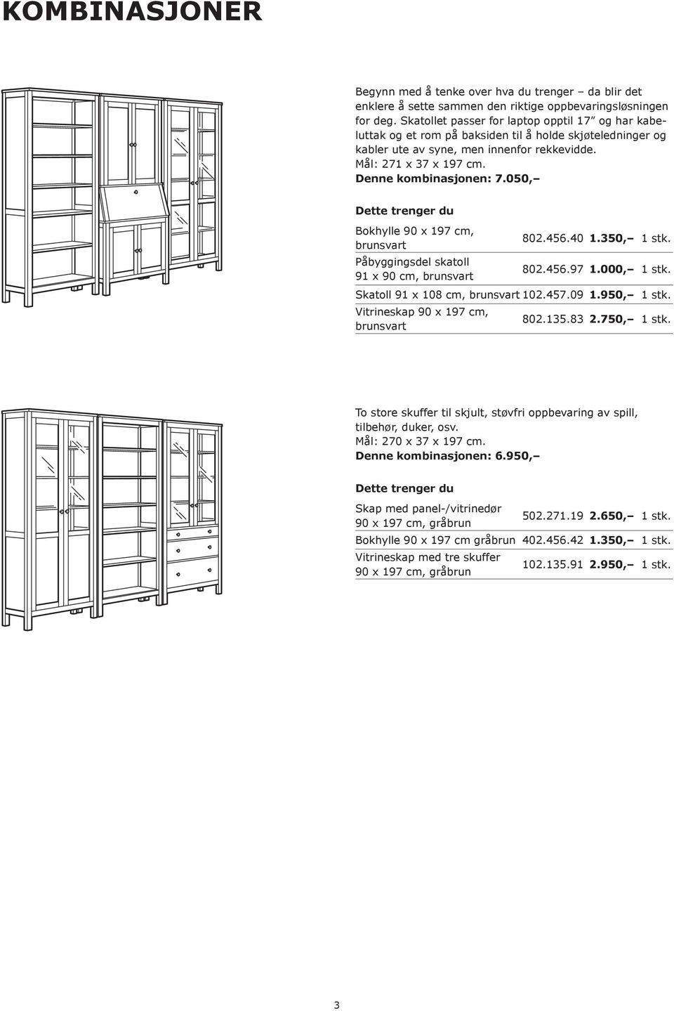 Denne kombinasjonen: 7.050, Dette trenger du Bokhylle 90 x 197 cm, brunsvart Påbyggingsdel skatoll 91 x 90 cm, brunsvart 802.456.40 1.350, 1 stk. 802.456.97 1.000, 1 stk.