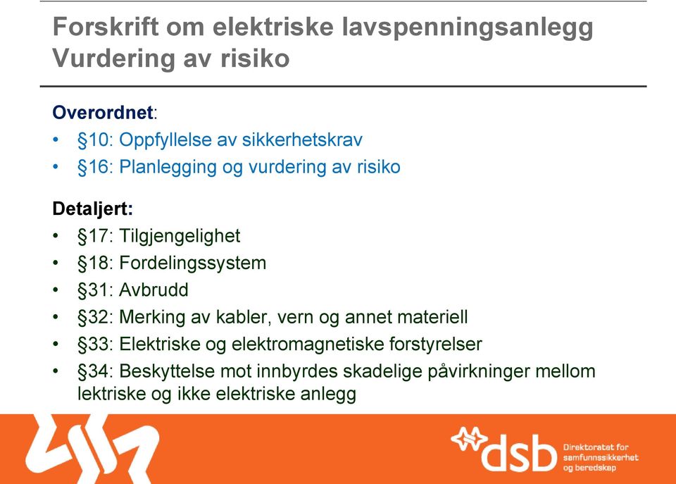 Fordelingssystem 31: Avbrudd 32: Merking av kabler, vern og annet materiell 33: Elektriske og