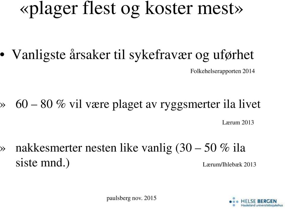 vil være plaget av ryggsmerter ila livet Lærum 2013»