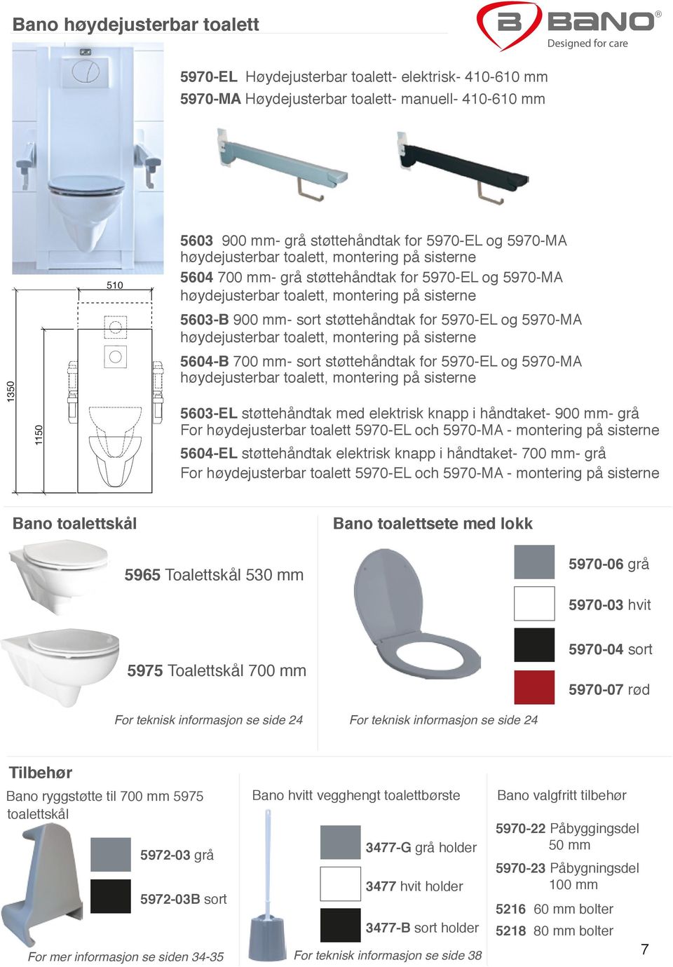 og 5970-MA høydejusterbar toalett, montering på sisterne 5604-B 700 mm- sort støttehåndtak for 5970-EL og 5970-MA høydejusterbar toalett, montering på sisterne 5603-EL støttehåndtak med elektrisk