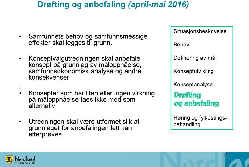 Konsepter som har liten eller ingen virkning på måloppnåelse taes ikke med som alternativ Utredningen skal være utformet slik at