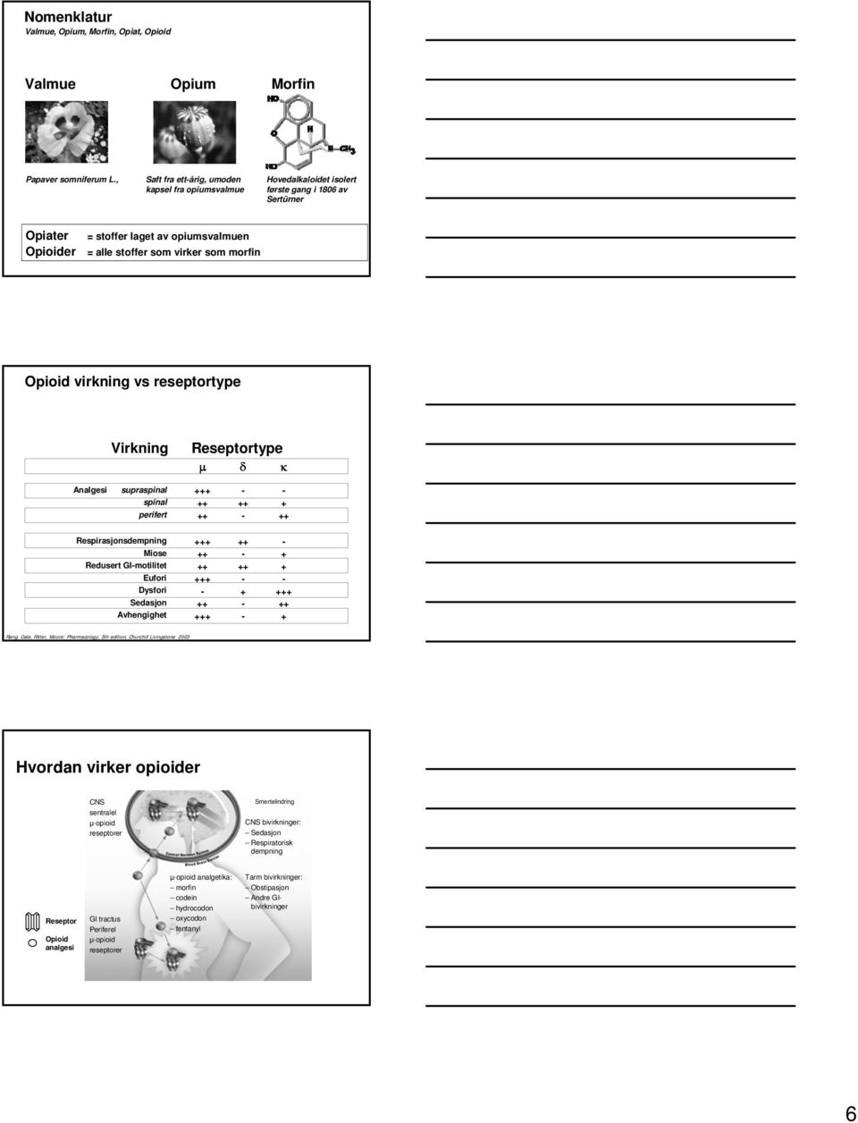 Opioid virkning vs reseptortype Virkning Reseptortype μ δ κ Analgesi supraspinal spinal perifert + + Respirasjonsdempning Miose Redusert GImotilitet Eufori Dysfori Sedasjon Avhengighet + + + + + + +