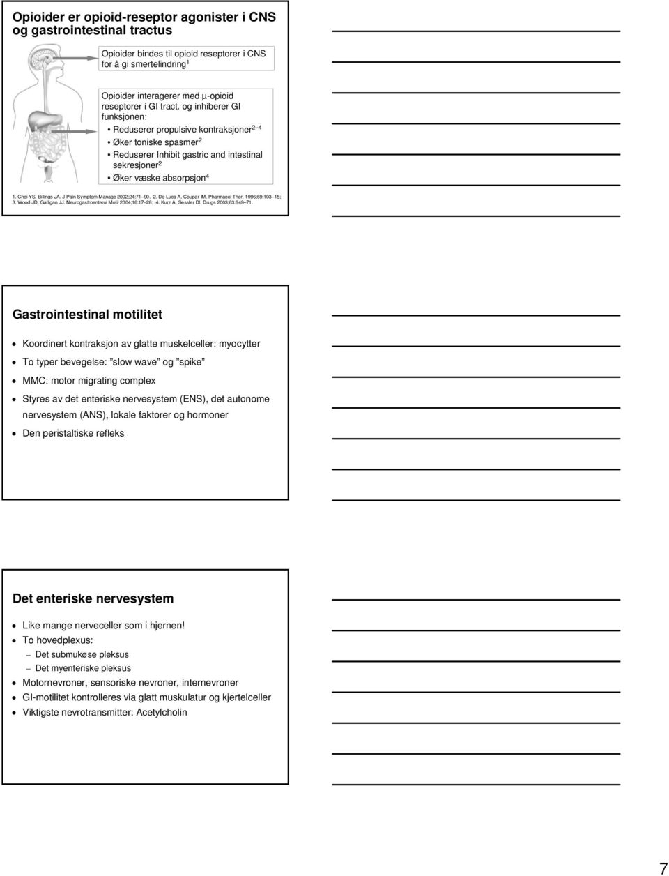 J Pain Symptom Manage 2002;24:71 90. 2. De Luca A, Coupar IM. Pharmacol Ther. 1996;69:103 15; 3. Wood JD, Galligan JJ. Neurogastroenterol Motil 2004;16:17 28; 4. Kurz A, Sessler DI.