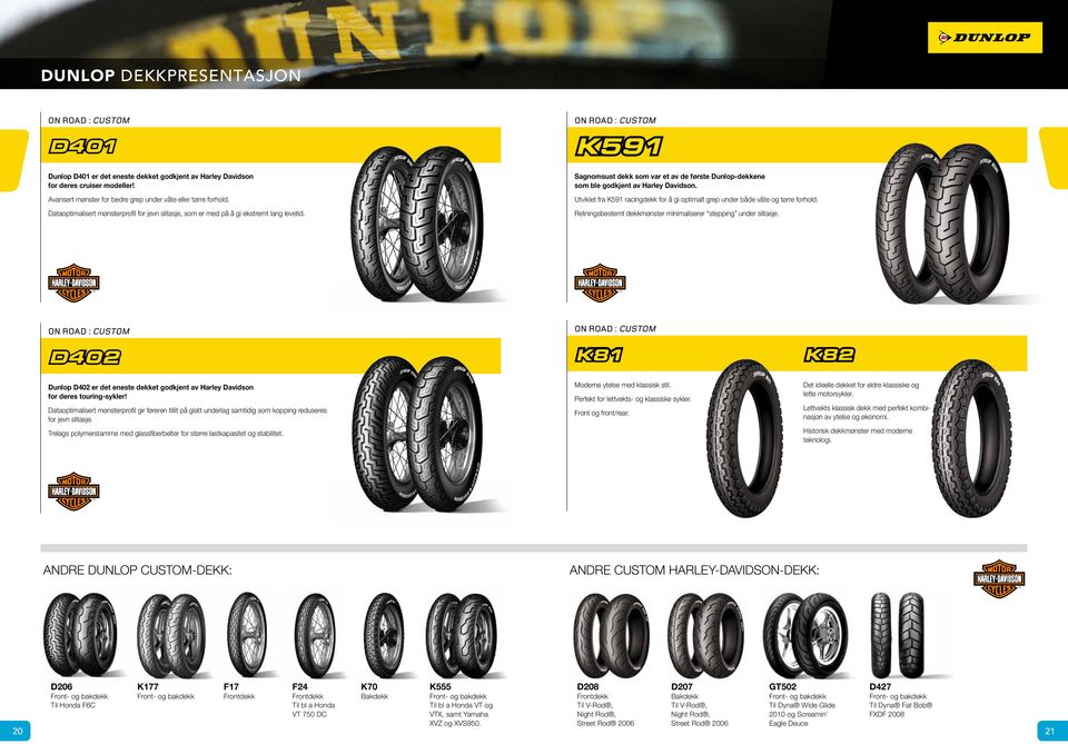 Sagnomsust dekk som var et av de første Dunlop-dekkene som ble godkjent av Harley Davidson. Utviklet fra K591 racingdekk for å gi optimalt grep under både våte og tørre forhold.