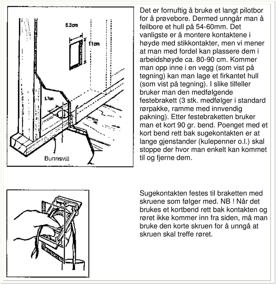 Kommer man opp inne i en vegg (som vist på tegning) kan man lage et firkantet hull (som vist på tegning). I slike tilfeller bruker man den medfølgende festebrakett (3 stk.