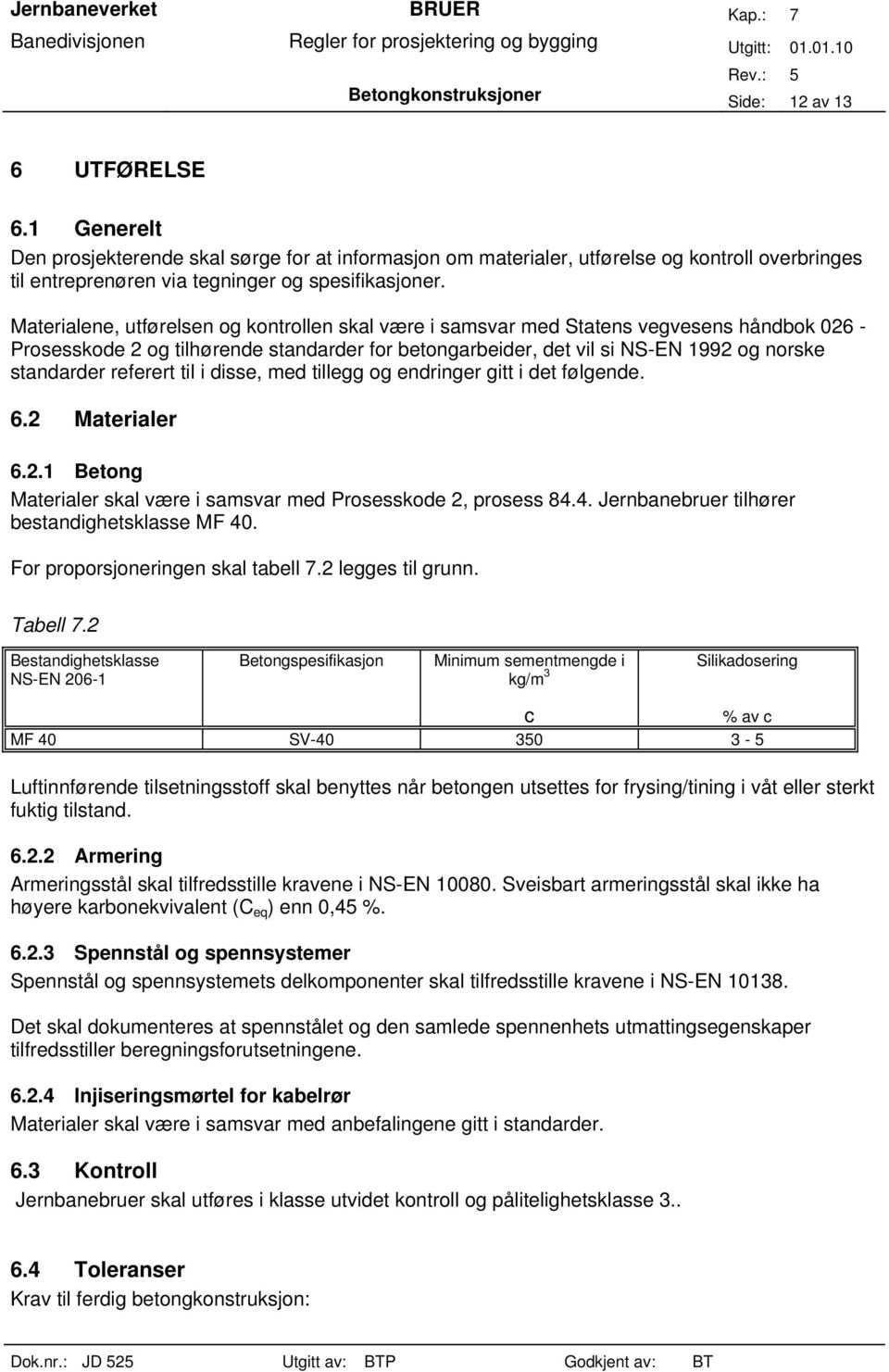 Materialene, utførelsen og kontrollen skal være i samsvar med Statens vegvesens håndbok 06 - Prosesskode og tilhørende standarder for betongarbeider, det vil si NS-EN 199 og norske standarder