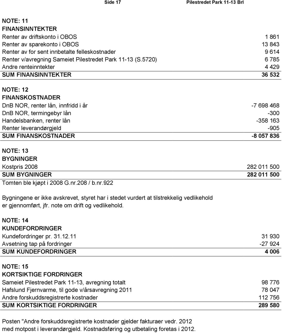 5720) 6 785 Andre renteinntekter 4 429 SUM FINANSINNTEKTER 36 532 NOTE: 12 FINANSKOSTNADER DnB NOR, renter lån, innfridd i år -7 698 468 DnB NOR, termingebyr lån -300 Handelsbanken, renter lån -358