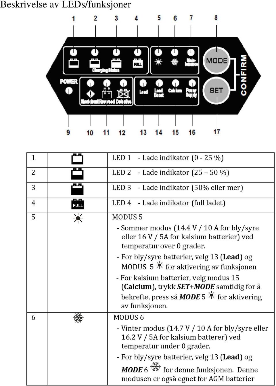 - For bly/syre batterier, velg 13 (Lead) og MODUS 5 for aktivering av funksjonen - For kalsium batterier, velg modus 15 (Calcium), trykk SET+MODE samtidig for å bekrefte, press så MODE 5