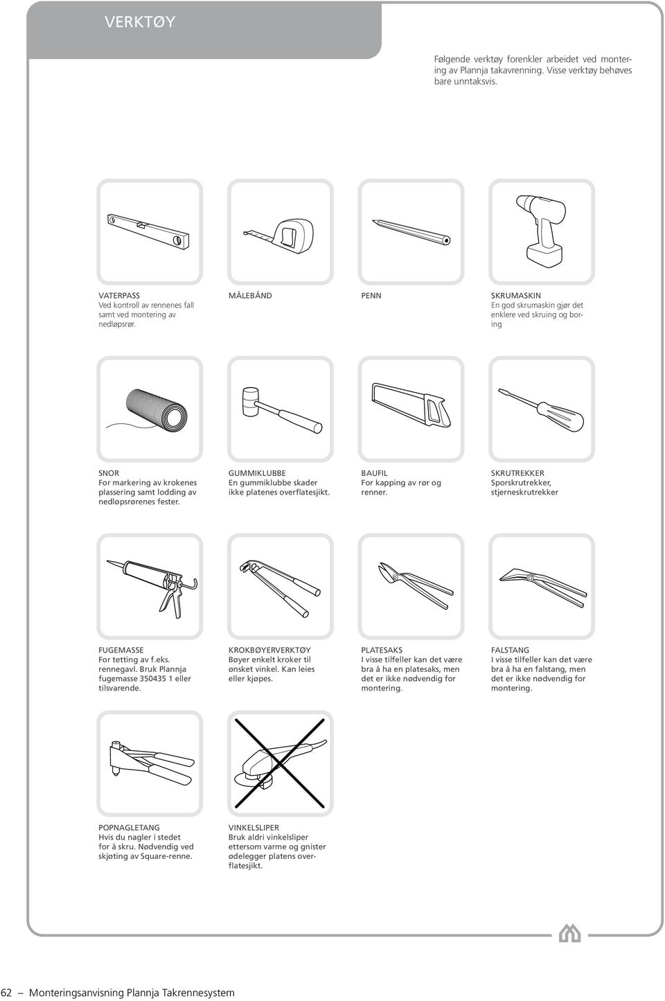GUMMIKLUBBE En gummiklubbe skader ikke platenes overflatesjikt. BAUFIL For kapping av rør og renner. SKRUTREKKER Sporskrutrekker, stjerneskrutrekker FUGEMASSE For tetting av f.eks. rennegavl.