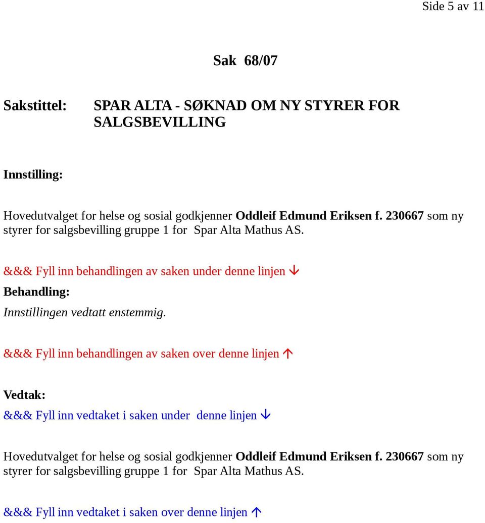 230667 som ny styrer for salgsbevilling gruppe 1 for Spar Alta Mathus AS.