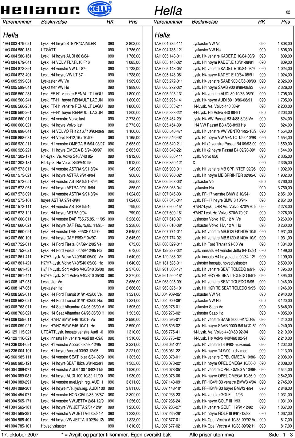 H4 høyre VW LT 87-090 1 728,00 1AG 005 599-031 Lyskaster VW Ve 090 1 989,00 1AG 005 599-041 Lyskaster VW Hø 090 1 989,00 1AG 006 560-231 Lysk.