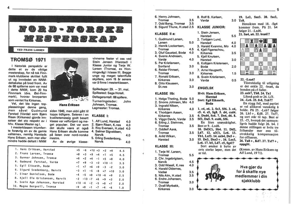 gjorde nnsatser det sto respekt av hhv Klasse Mester og mesterklassen trumferr te forøvrg en av de gamle «slterne», nemlg Harstads Hans Erksen, som mer eller mndre hadde deltatt NNM sden 1946, men