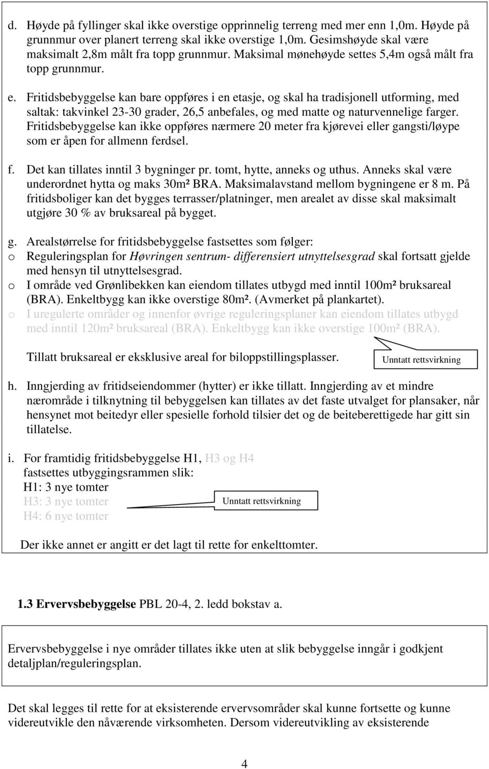 Fritidsbebyggelse kan bare oppføres i en etasje, og skal ha tradisjonell utforming, med saltak: takvinkel 23-30 grader, 26,5 anbefales, og med matte og naturvennelige farger.