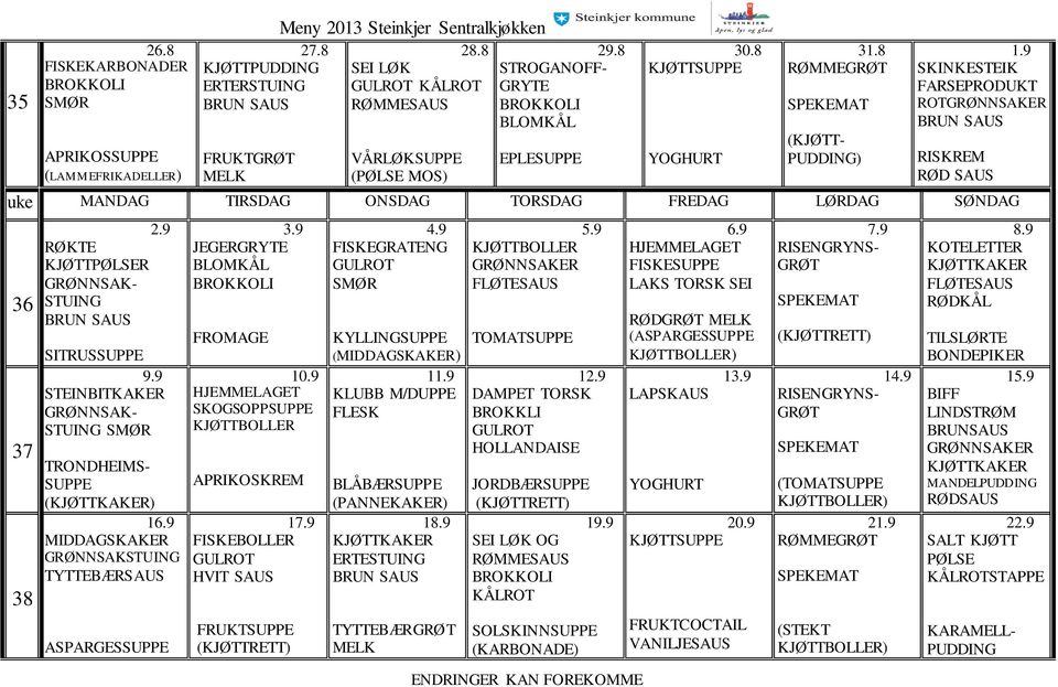 9 SKOGSOPP APRIKOSKREM 17.9 HVIT SAUS FRUKT 4.9 FISKEGRATENG KYLLING (MIDDAGSKAKER) 11.9 KLUBB M/DUPPE () 18.9 ERTE TYTTEBÆR 5.9 12.9 DAMPET TORSK BROKKLI JORDBÆR 19.