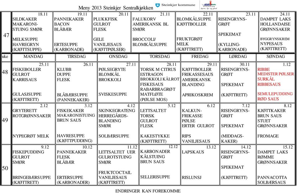 11 TORSK M CITRUS ESTRAGON KÅLROT FISKESAUS RABARBRA MATFLØTE ( MOS) LETTSALTET TORSK 5.12 29.11 FRIKASSESAUS AMERIKANSK APRIKOSKREM 6.12 KALKUN- FRIKASSE ERTER 30.11 7.12 1.