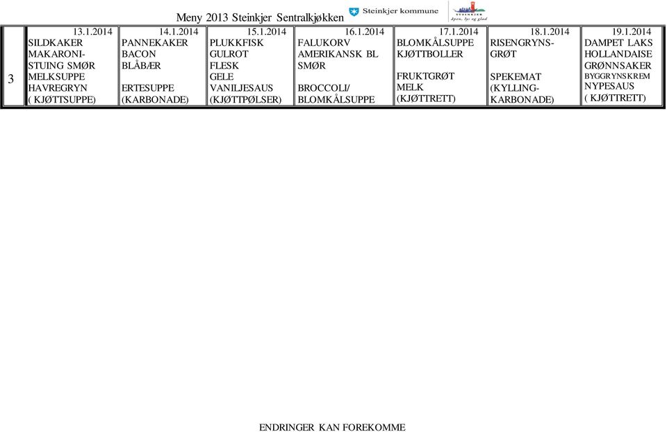 1.2014 FRUKT 18.1.2014 (KYLLING- KARBONADE) 19.1.2014 BYGGRYNSKREM ( KJØTTRETT)