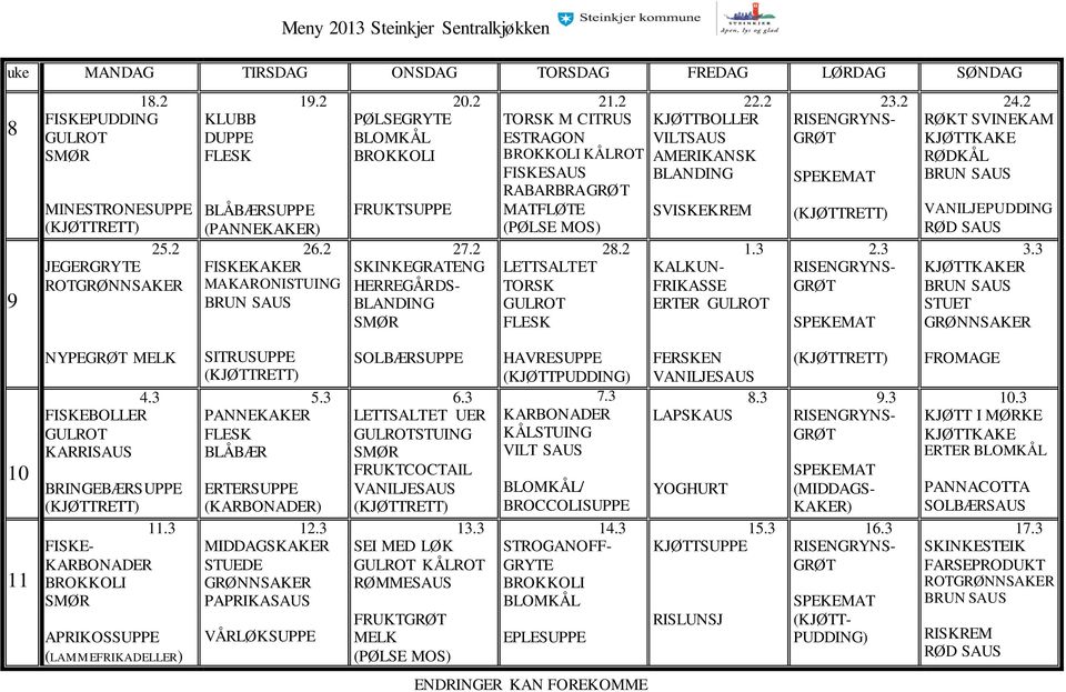 2 RØKT SVINEKAM VANILJE 3.3 STUET 10 11 NYPE 4.3 (MIDDAGS- KAKER) 16.3 BRINGEBÆR 11.3 FISKE- APRIKOS (LAMMEFRIKADELLER) SITRU 5.3 ERTER () 12.