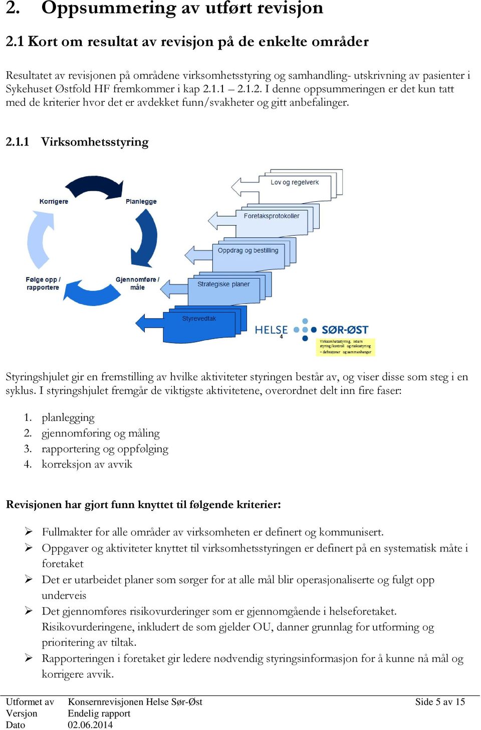 1.1 2.1.2. I denne oppsummeringen er det kun tatt med de kriterier hvor det er avdekket funn/svakheter og gitt anbefalinger. 2.1.1 Virksomhetsstyring Styringshjulet gir en fremstilling av hvilke aktiviteter styringen består av, og viser disse som steg i en syklus.