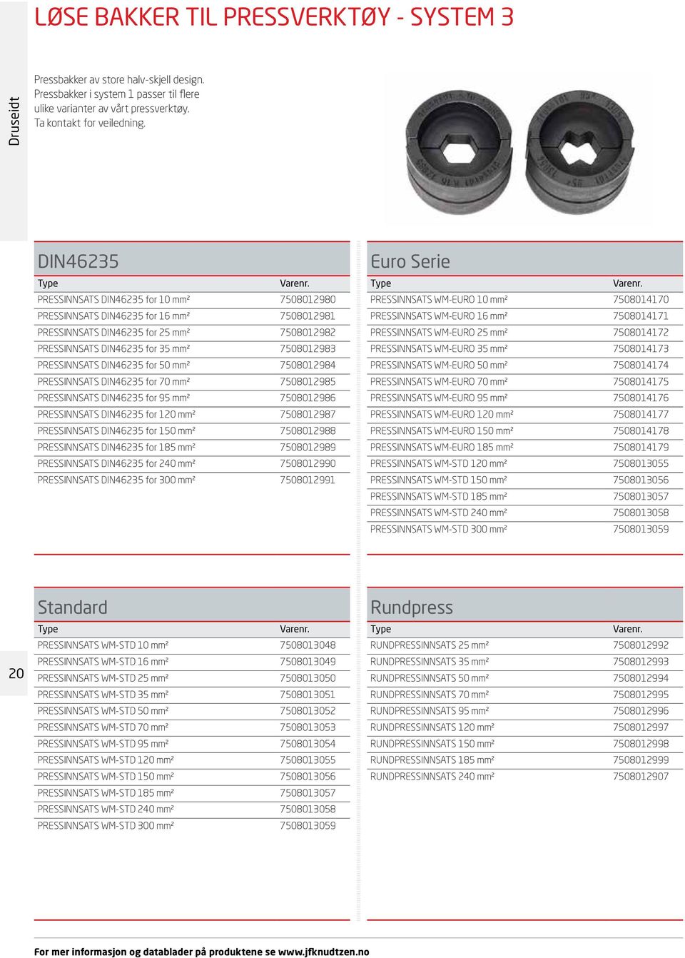 DIN46235 for 50 mm² 7508012984 PRESSINNSATS DIN46235 for 70 mm² 7508012985 PRESSINNSATS DIN46235 for 95 mm² 7508012986 PRESSINNSATS DIN46235 for 120 mm² 7508012987 PRESSINNSATS DIN46235 for 150 mm²
