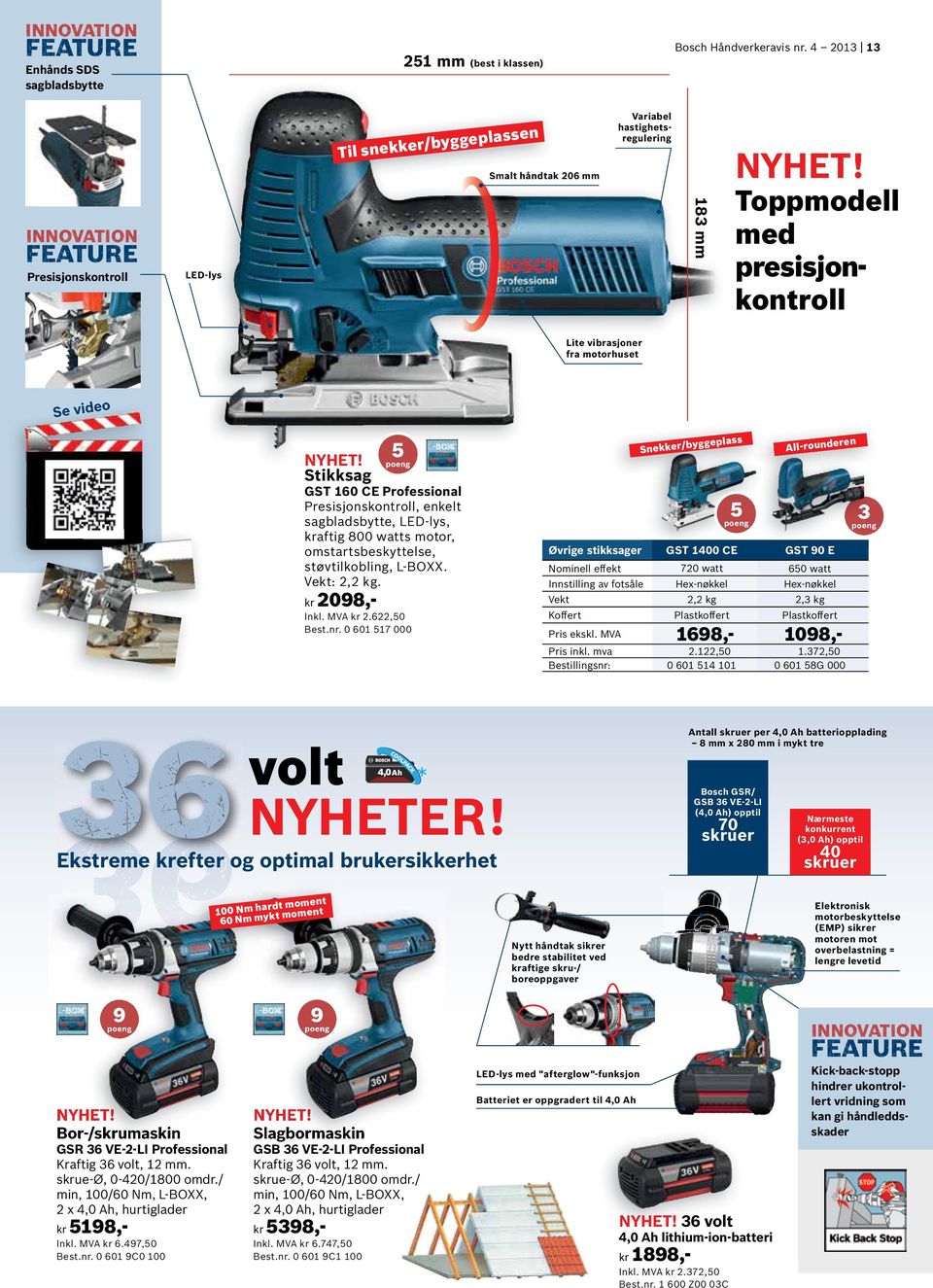 GST 160 CE Presisjonskontroll, enkelt sagbladsbytte, LED-lys, aftig 800 watts motor, omstartsbeskyttelse, støvtilkobling, L-BOXX. Vekt: 2,2 kg. 2098,- Inkl. MVA 2.