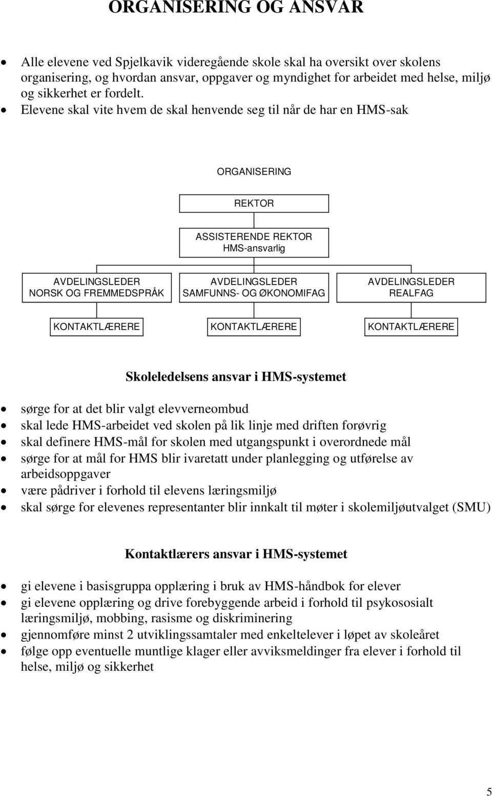 Elevene skal vite hvem de skal henvende seg til når de har en HMS-sak ORGANISERING REKTOR ASSISTERENDE REKTOR HMS-ansvarlig AVDELINGSLEDER NORSK OG FREMMEDSPRÅK AVDELINGSLEDER SAMFUNNS- OG ØKONOMIFAG