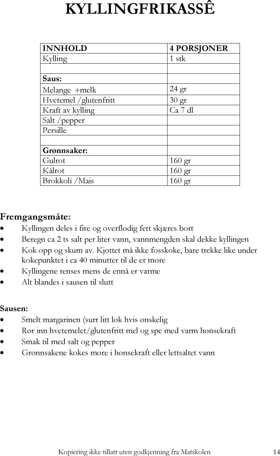 Kjøttet må ikke fosskoke, bare trekke like under kokepunktet i ca 40 minutter til de er møre Kyllingene renses mens de ennå er varme Alt blandes i sausen til slutt Sausen: Smelt margarinen