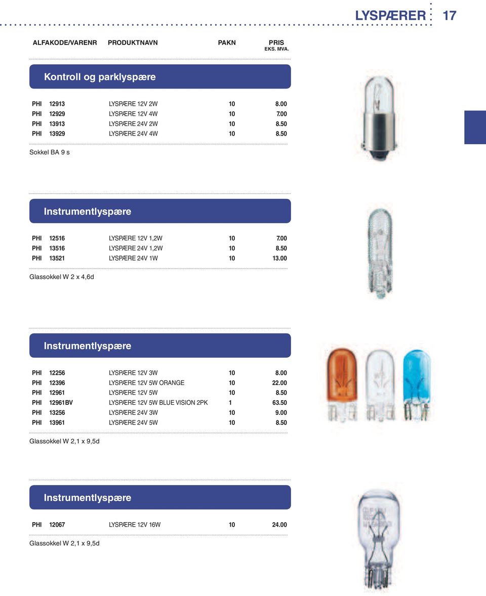 00 Glassokkel W 2 x 4,6d Instrumentlyspære PHI 12256 LYSPÆRE 12V 3W 10 8.00 PHI 12396 LYSPÆRE 12V 5W ORANGE 10 22.00 PHI 12961 LYSPÆRE 12V 5W 10 8.