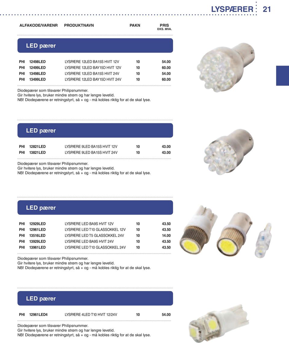 Diodepærene er retningstyrt, så + og - må kobles riktig for at de skal lyse. PHI 12821LED LYSPÆRE 9LED BA15S HVIT 12V 10 43.00 PHI 13821LED LYSPÆRE 9LED BA15S HVIT 24V 10 43.