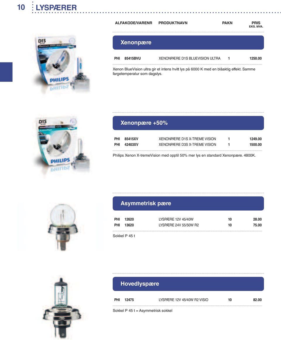 Xenonpære +50% PHI 85415XV XENONPÆRE D1S X-TREME VISION 1 1249.00 PHI 42403XV XENONPÆRE D3S X-TREME VISION 1 1500.