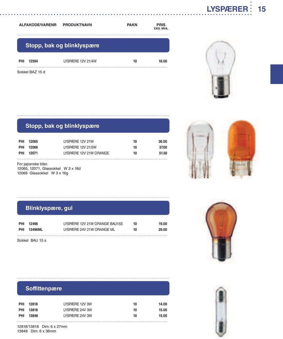 12065, 12071, Glassokkel W 3 x 16d 12066 Glassokkel W 3 x 16g Blinklyspære, gul PHI 12496 LYSPÆRE 12V 21W ORANGE BAU15S 10 19.