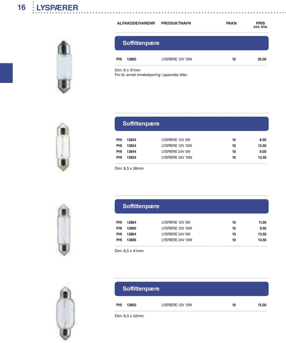 00 PHI 13854 LYSPÆRE 24V 10W 10 13.50 Dim: 8,5 x 36mm Soffittenpære PHI 12864 LYSPÆRE 12V 5W 10 11.