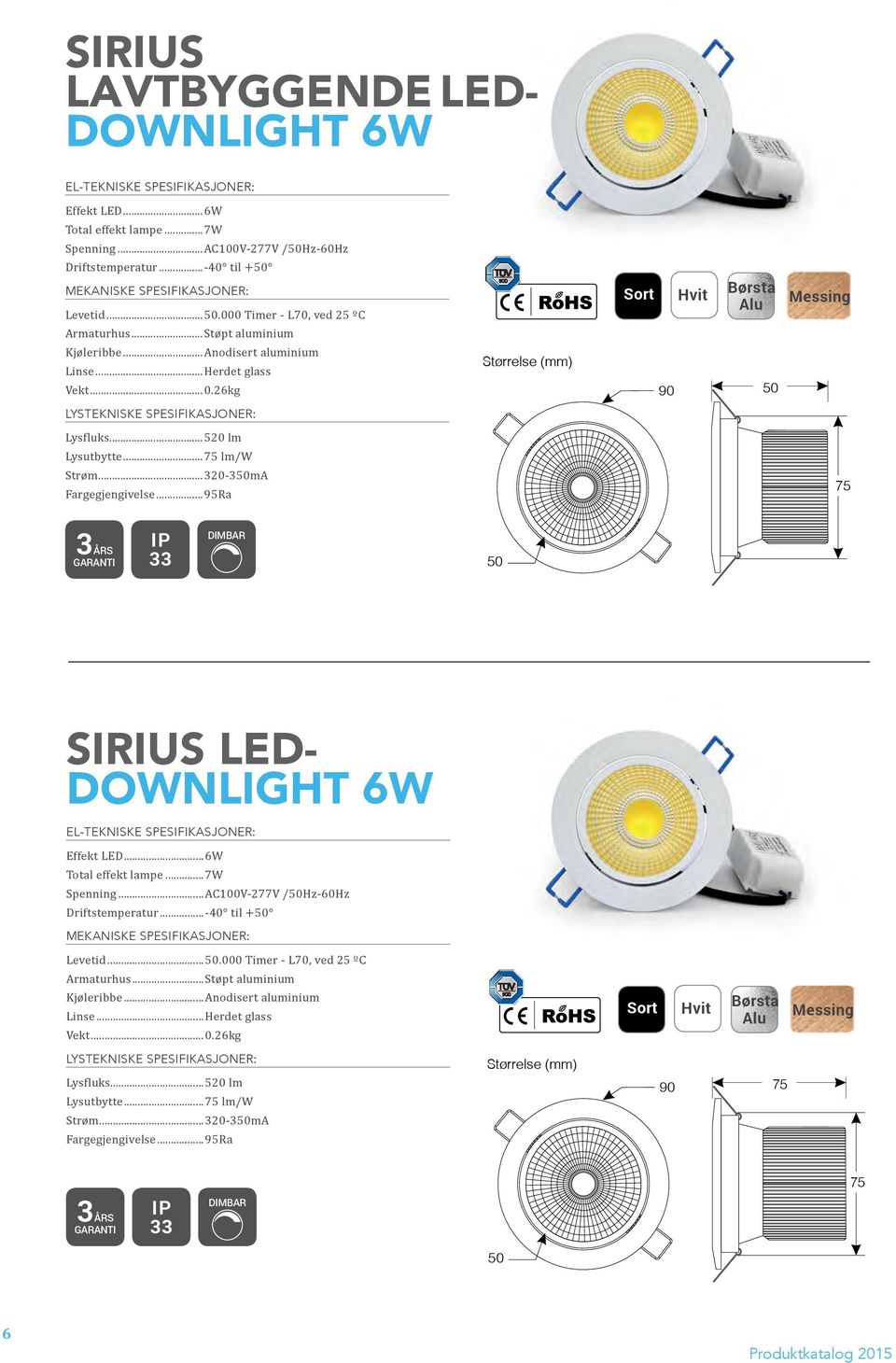 ..320-350mA Fargegjengivelse...95Ra 75 33 50 SIRIUS LED- DOWNLIGHT 6W Effekt LED...6W Total effekt lampe...7w Spenning...AC100V-277V /50Hz-60Hz Driftstemperatur...-4 til +5 Levetid...50.000 Timer - L70, ved 25 ºC Armaturhus.