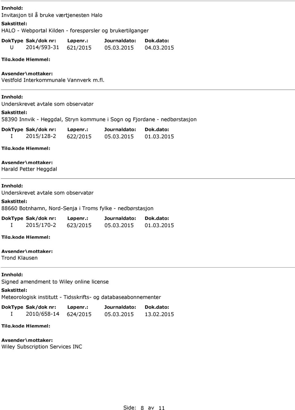 2015 Harald Petter Heggdal nderskrevet avtale som observatør 88660 Botnhamn, Nord-Senja i Troms fylke - nedbørstasjon 2015/170-2 623/2015 01.03.