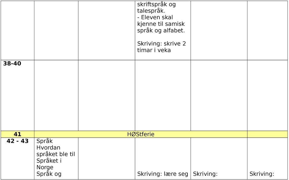 Skriving: skrive 2 timar i veka 3840 41 HØStferie 42 43