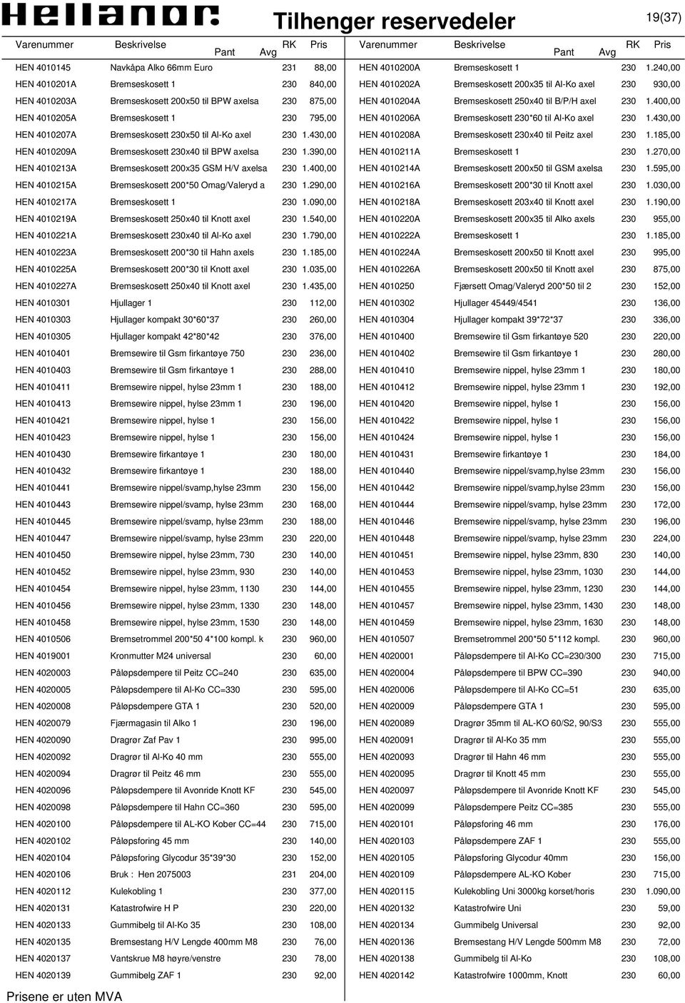 250x40 til B/P/H axel 230 1.400,00 HEN 4010205A Bremseskosett 1 230 795,00 HEN 4010206A Bremseskosett 230*60 til Al-Ko axel 230 1.430,00 HEN 4010207A Bremseskosett 230x50 til Al-Ko axel 230 1.