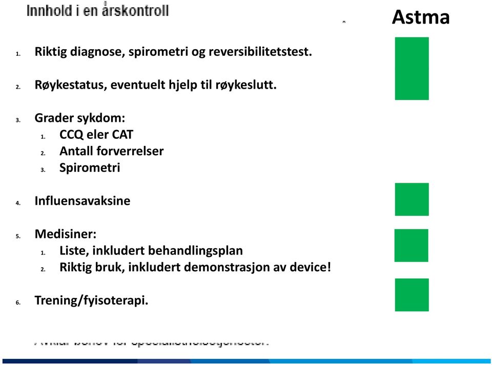 Antall forerrelser 3. Spirometri 4. Influensaaksine 5. Medisiner: 1.