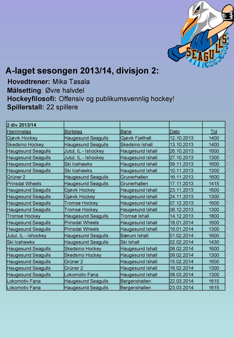 10.2013 1600 Haugesund Seagulls Jutul, IL - Ishockey Haugesund Ishall 27.10.2013 1300 Haugesund Seagulls Ski Icehawks Haugesund Ishall 09.11.