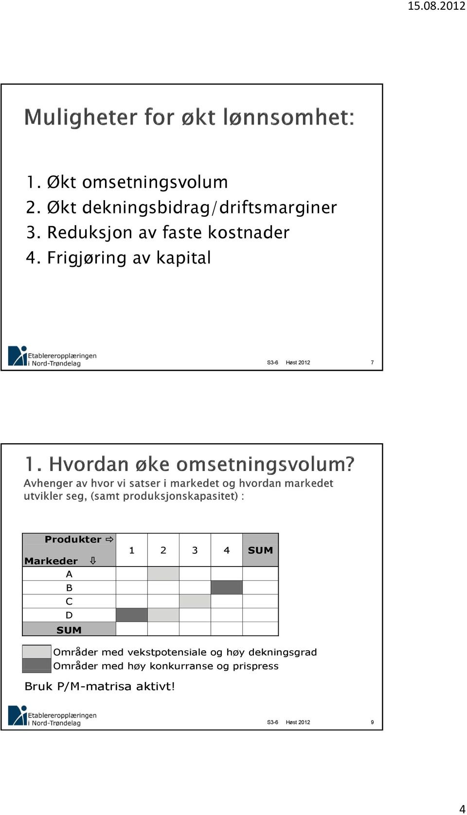 Frigjøring av kapital 7 Produkter Markeder A B C D SUM 1 2 3 4 SUM