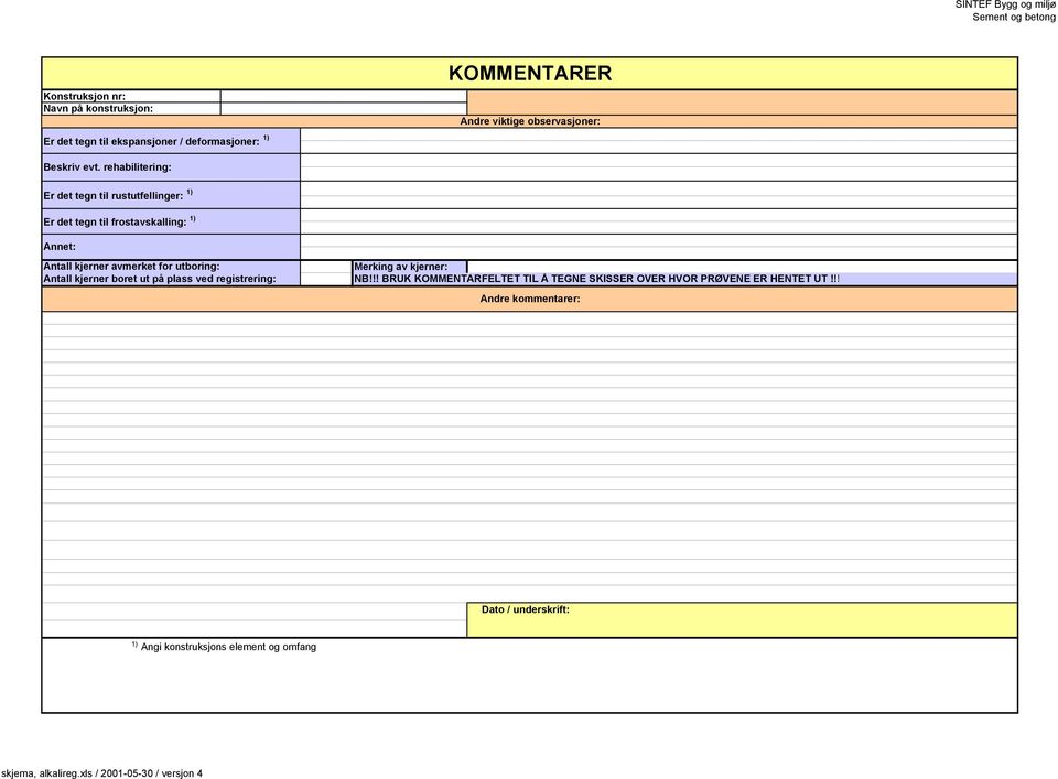 rehabilitering: Er det tegn til rustutfellinger: 1) Er det tegn til frostavskalling: 1) Annet: Antall kjerner avmerket for utboring: Merking av