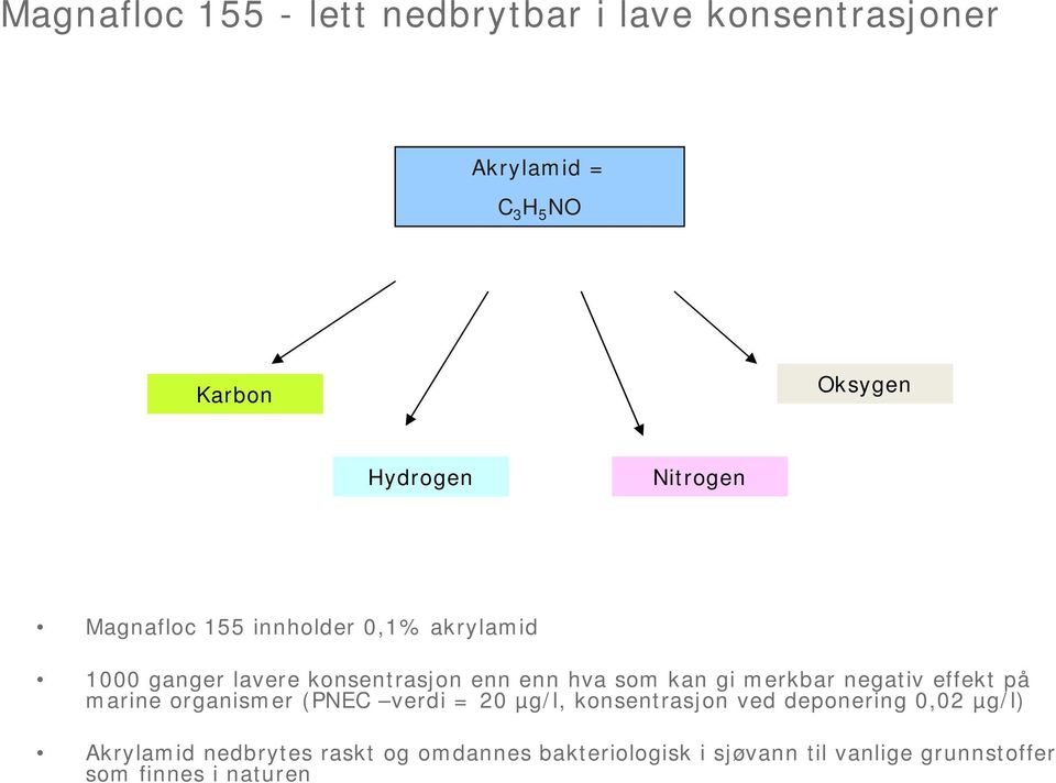 merkbar negativ effekt på marine organismer (PNEC verdi = 20 µg/l, konsentrasjon ved deponering 0,02