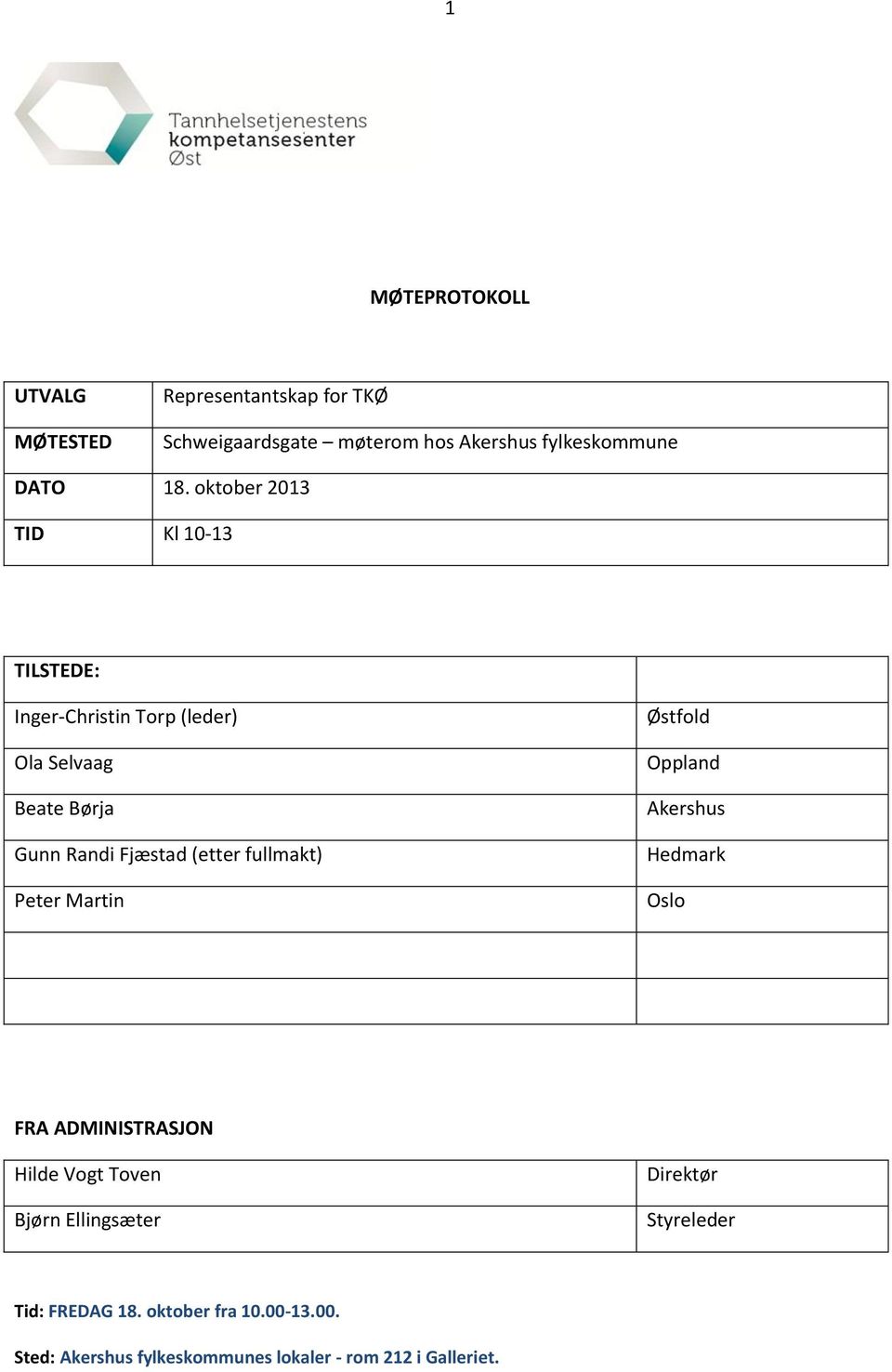 fullmakt) Peter Martin Østfold Oppland Akershus Hedmark Oslo FRA ADMINISTRASJON Hilde Vogt Toven Bjørn Ellingsæter