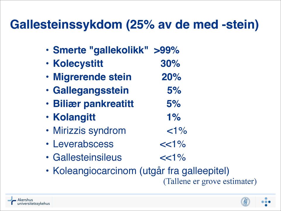 pankreatitt 5% Kolangitt 1% Mirizzis syndrom <1% Leverabscess <<1%