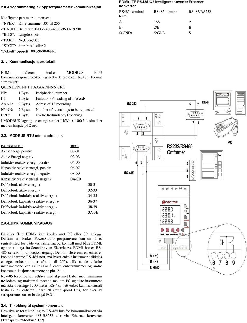 A+ 1/A A B- 2/B B S(GND) 5/GND S 2.1.- Kommunikasjonsprotokoll EDMk måleren bruker MODBUS RTU kommunikasjonsprotokoll og nettverk protokoll RS485.