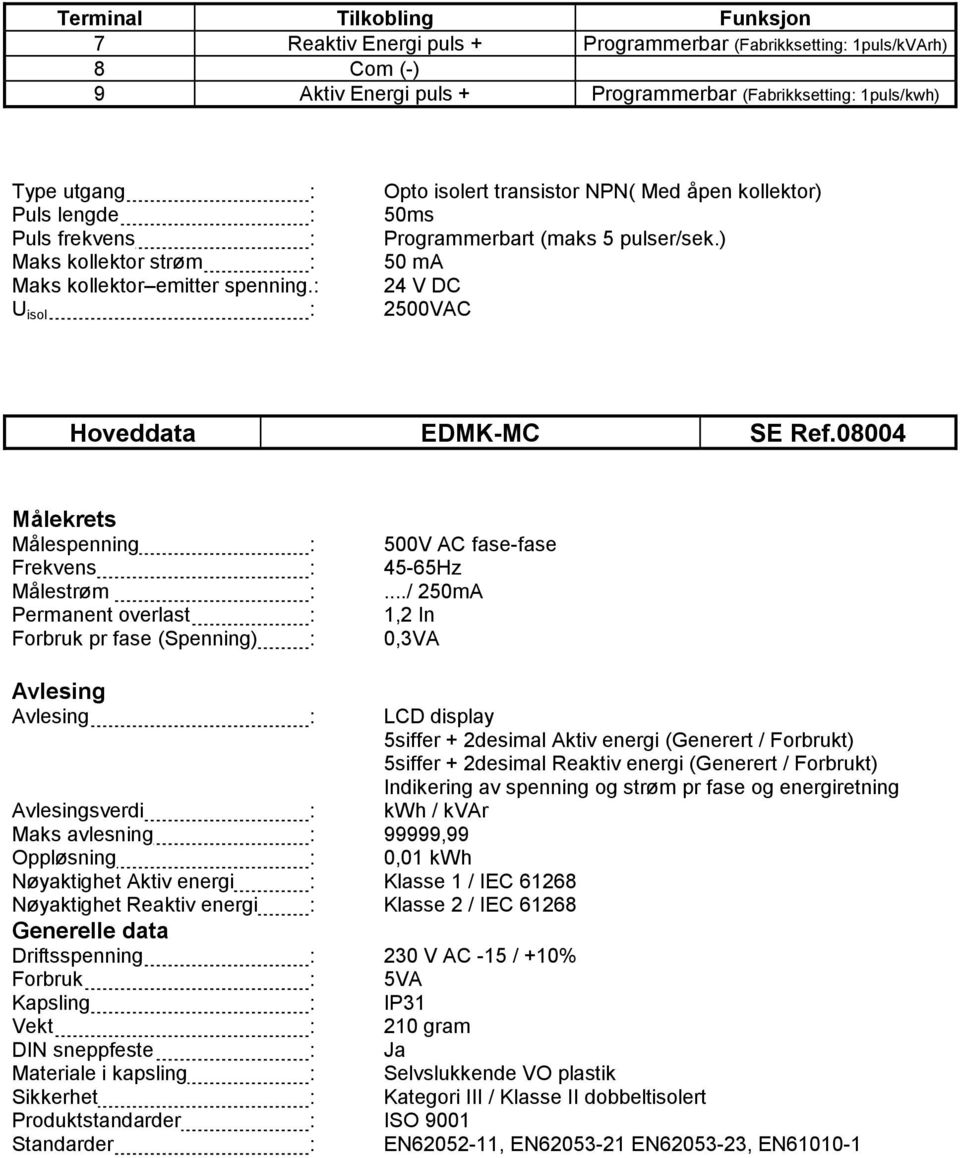 : 24 V DC U isol : 2500VAC Hoveddata EDMK-MC SE Ref.08004 Målekrets Målespenning : 500V AC fase-fase Frekvens : 45-65Hz Målestrøm :.