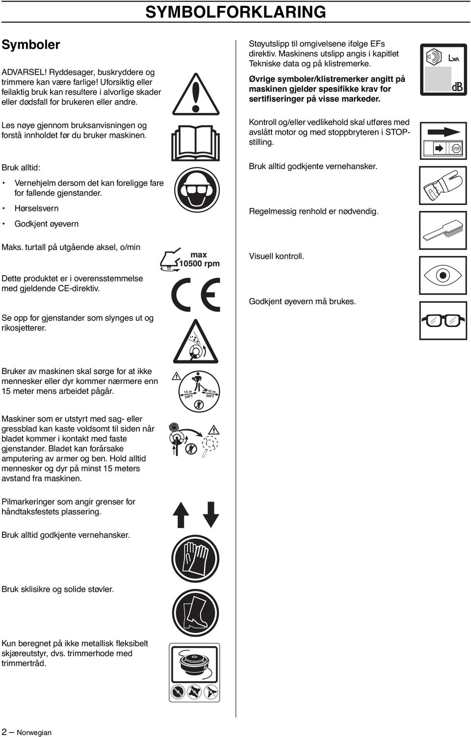 Maskinens utslipp angis i kapitlet Tekniske data og på klistremerke. Øvrige symboler/klistremerker angitt på maskinen gjelder spesifikke krav for sertifiseringer på visse markeder.