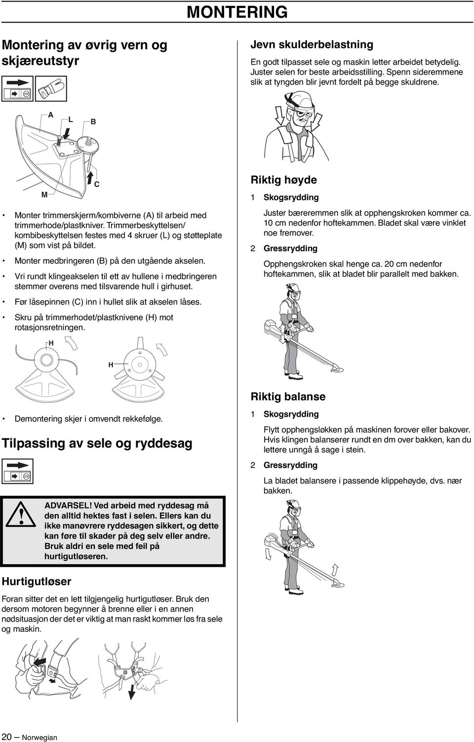 Trimmerbeskyttelsen/ kombibeskyttelsen festes med 4 skruer (L) og støtteplate (M) som vist på bildet. Monter medbringeren (B) på den utgående akselen.