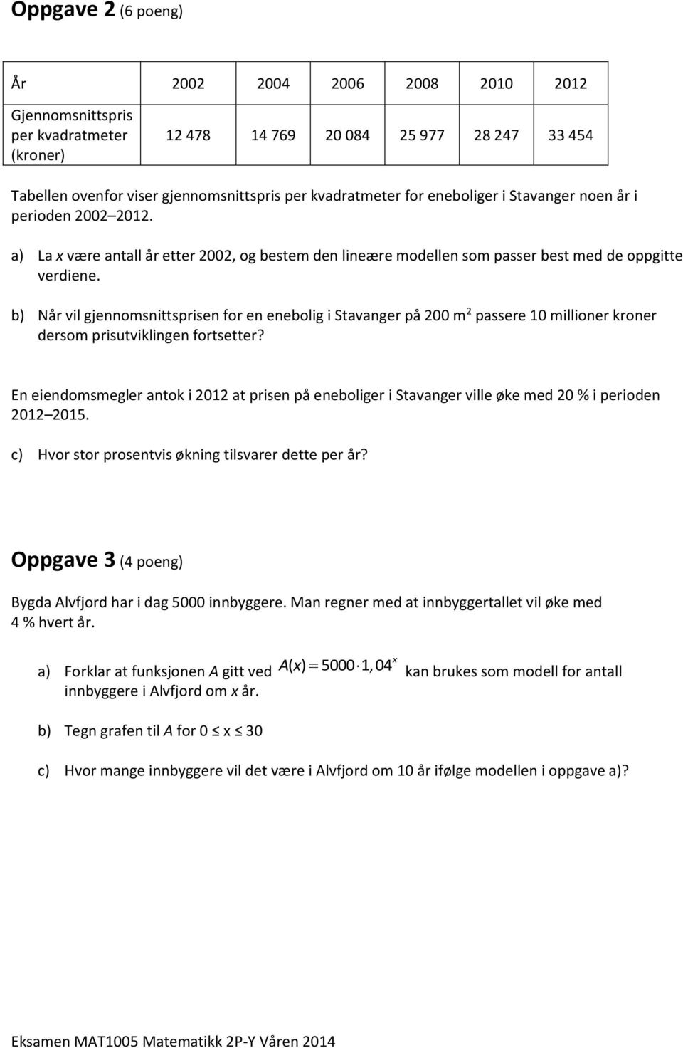 b) Når vil gjennomsnittsprisen for en enebolig i Stavanger på 200 m 2 passere 10 millioner kroner dersom prisutviklingen fortsetter?