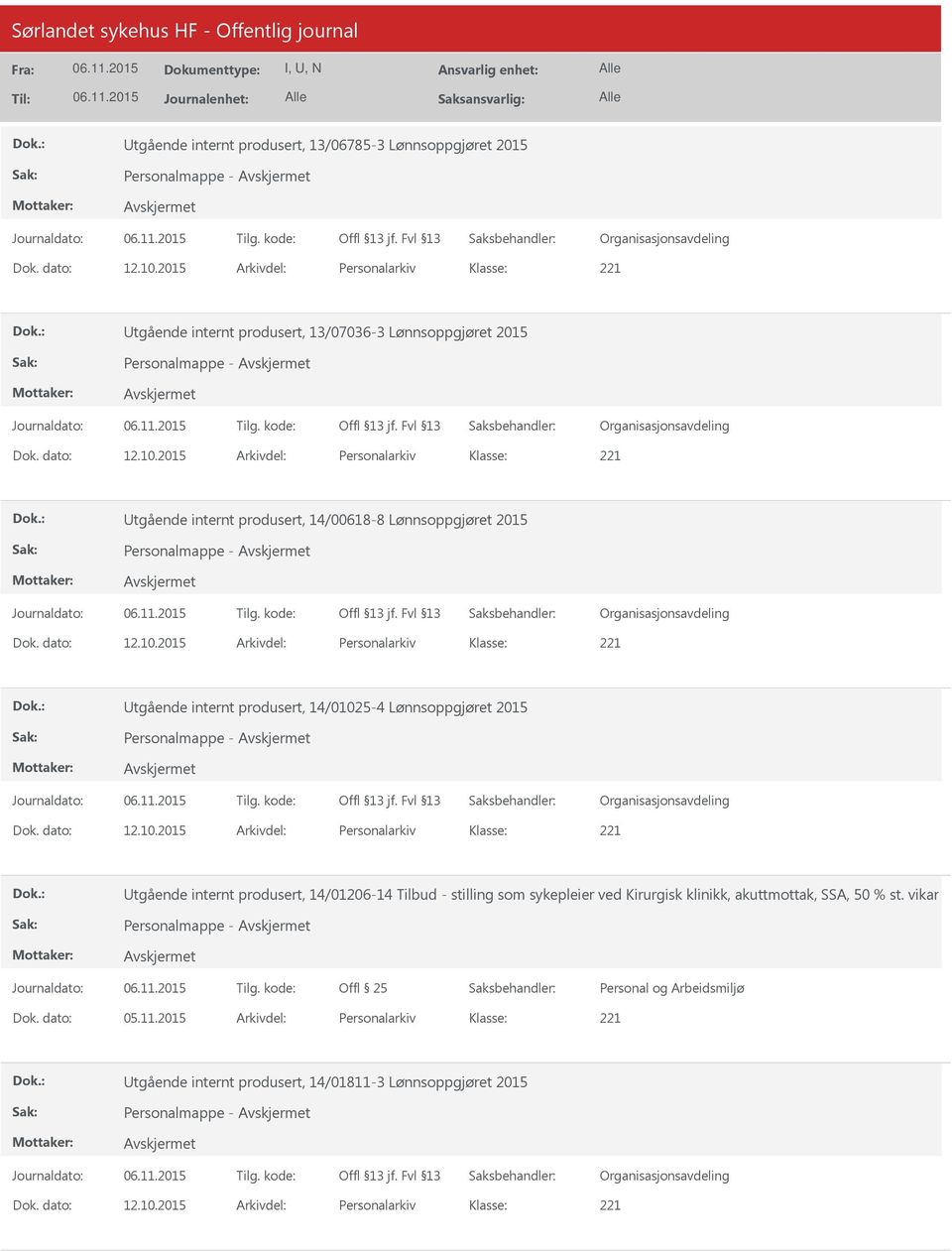 Lønnsoppgjøret 2015 Personalmappe - tgående internt produsert, 14/01206-14 Tilbud - stilling som sykepleier ved Kirurgisk klinikk,