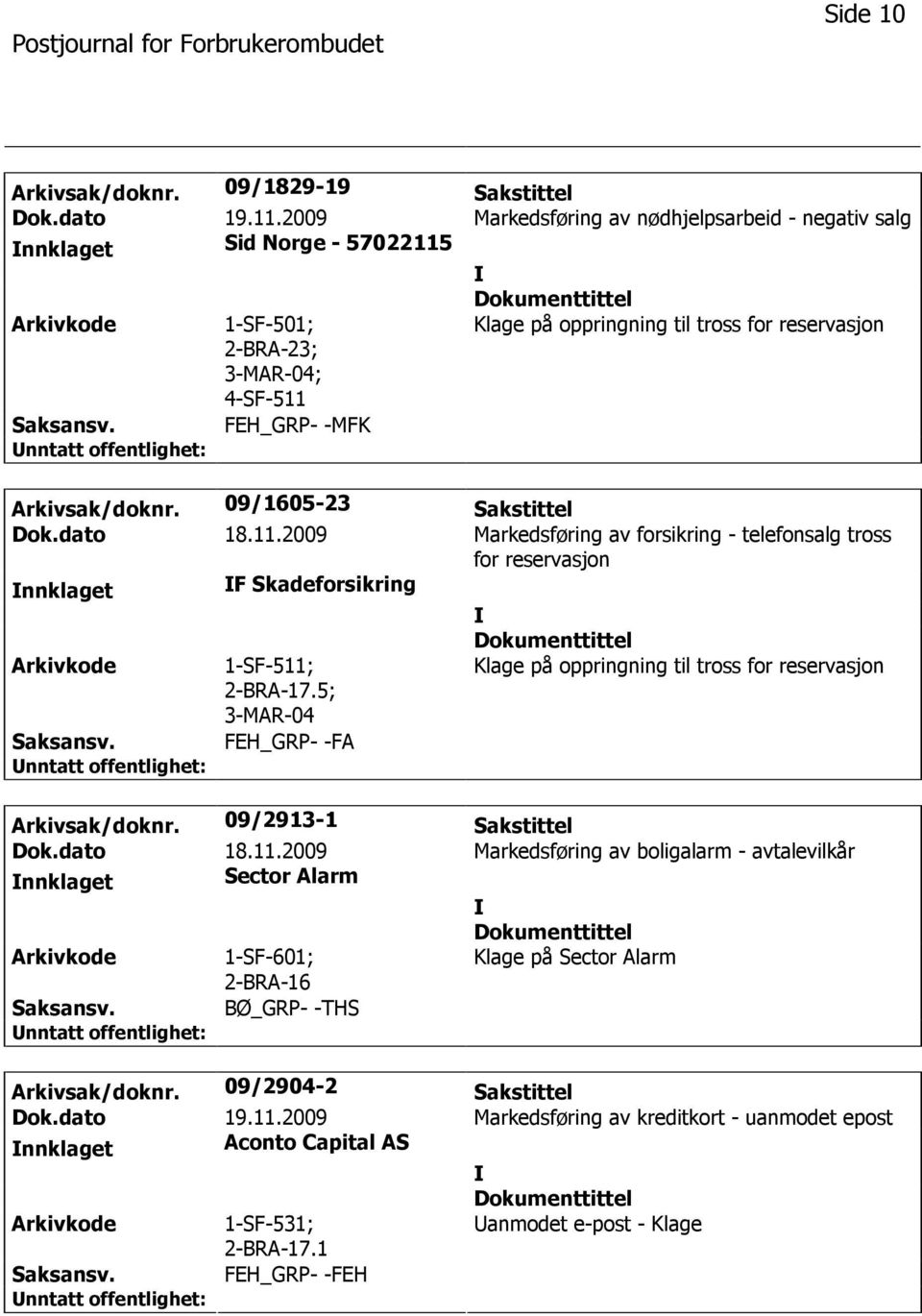 09/1605-23 Sakstittel Dok.dato 18.11.2009 Markedsføring av forsikring - telefonsalg tross for reservasjon nnklaget F Skadeforsikring 1-SF-511; 2-BRA-17.