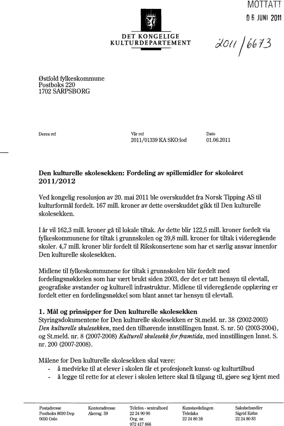 167 mill, kroner av dette overskuddet gikk til Den kulturelle skole sekken. I år vil 162,3 mill, kroner gå til lokale tiltak.